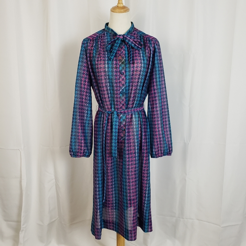 Femme of Dallas 80's Sheer Multicolor Belted Long Sleeve Dress Blue Pink XL USA